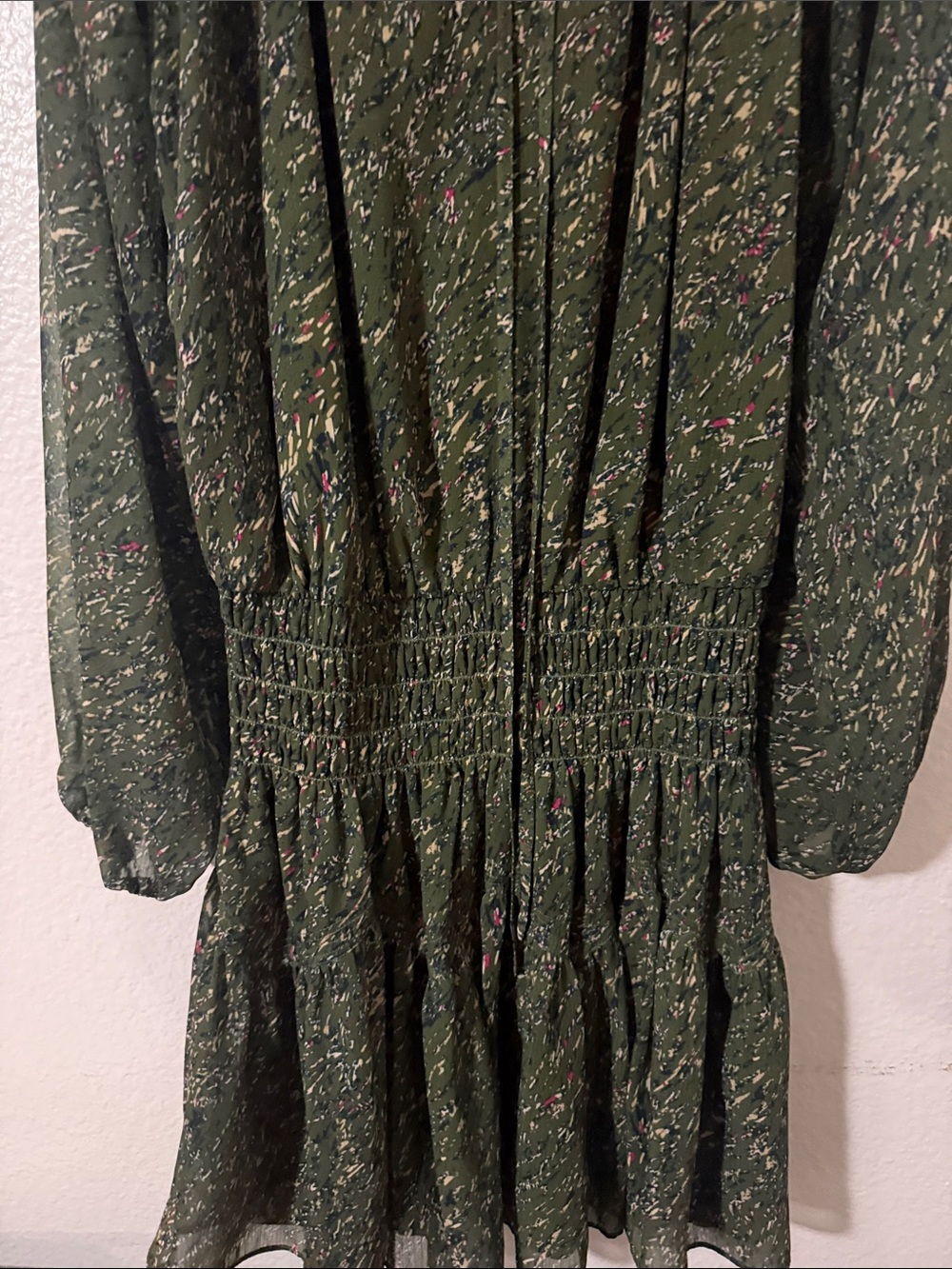 Ramy Brook Olive Speckled Long Sleeve V-Neck Smocked Dress drop waist Sz M - Picture 4 of 9